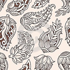 Floral seamless pattern. Doodle vector background with flowers, leaves. Indian ornament, henna style.
